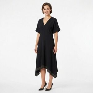 Zara Womens Black Cotton Linen V-Neck Handkerchief Hem Midi Dress Summer Small S